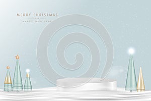 Merry Christmas,New Year Background,3D Studio Background with conical tree Snow ball on snow,Vector winter scene,Backdrop Product