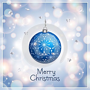 Merry Christmas and New Year background with bokeh lights. Xmas ball hanging on ribbon with pearls. Vector illustration.