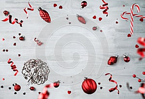 Merry Christmas and New Year background. Xmas holiday card made of flying decorations