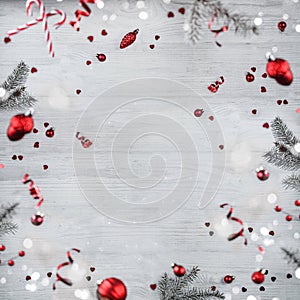 Merry Christmas and New Year background. Xmas holiday card made of flying decorations,