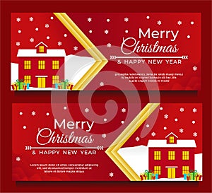 Merry Christmas and New Year Banner template with Christmas tree and red background