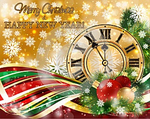 Merry Christmas & New Year banner with xmas clock,