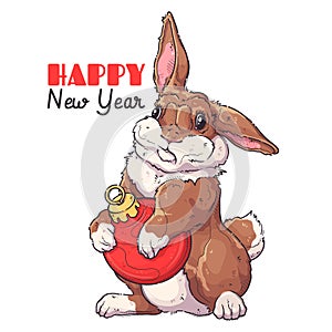 Merry Christmas and New year card. Cute rabbit holds New Year ball in its paws. Fluffy bunny for posters, postcards, t