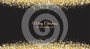 Merry Christmas and New Year card design. Gold glitter decoration on black background