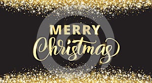 Merry Christmas and New Year card design. Gold glitter decoration on black background