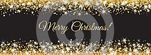 Merry Christmas and New Year card design. Gold glitter decoration on black background