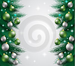 Merry Christmas,New year card and glitter decoration. green and white background with christmas balls.
