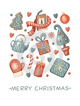 Merry Christmas and New Year card template on white. Winter holiday elements and lettering