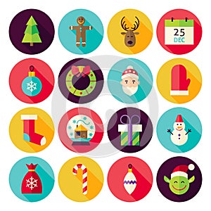 Merry Christmas New Year Circle Icons Set with long Shadow