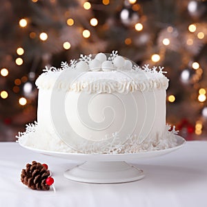 Merry Christmas and New Year concept. white New Year cake with red berries and Christmas background with golden bokeh