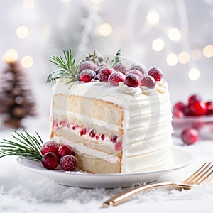 Merry Christmas and New Year concept. white New Year cake with red berries and Christmas background with golden bokeh