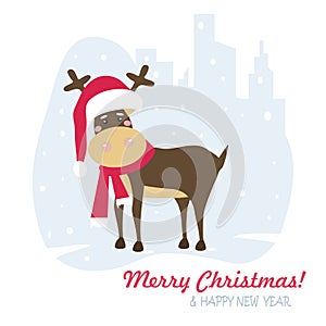 Merry Christmas and New Year.  Deer wearing a red scarf and a Santa Claus hat with snowflakes in the winter cityscape. Vector illu