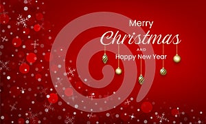 Merry Christmas and New Year design with gold ornaments, red colors and snow effects