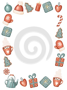 Merry Christmas and New Year frame, bord on white. Holiday element for invitation, card
