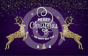 Merry Christmas and new year gold luxury holiday greeting card. Christmas background with lettering and gold Xmas deer