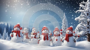 Merry Christmas and New Year greeting card with copy-space.Many snowmen standing in winter Christmas landscape Winter