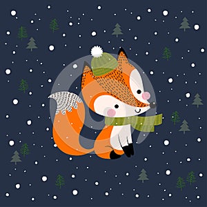 Merry Christmas and New Year greeting card with cute fox.