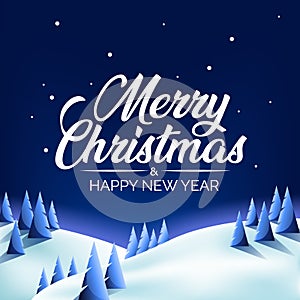 Merry Christmas and New Year greeting card with lettering and snowy night mountains forest, vector illustration