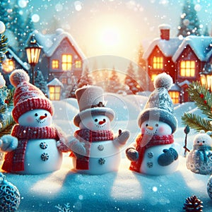 Merry Christmas and New Year greeting card. Many snowmen standing in winter Christmas landscape.Winter