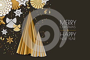 Merry Christmas, New Year greeting card. Vector golden paper decoration snowflakes, christmas tree, angels.