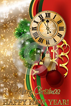 Merry Christmas & New Year greeting card with xmas clock, vector