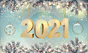 Merry Christmas and New Year Holiday background with 2021 and transparent balls. Vector