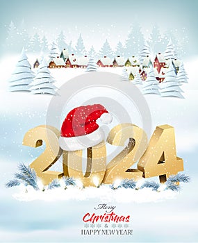 Merry Christmas and New Year holiday background with christmas landscape and 2024 numbers