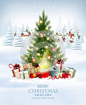 Merry Christmas and New Year holiday background with presents, christmas tree and and winter village.