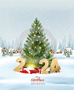 Merry Christmas and New Year holiday background with presents, christmas tree and and winter village