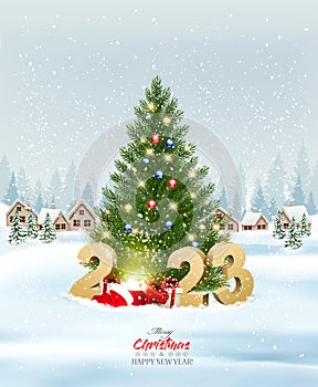 Merry Christmas and New Year holiday background with presents, christmas tree and and winter village