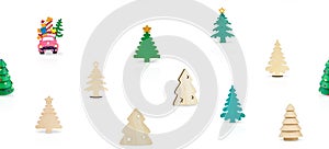 Veselý a nový dovolená reklamní formát primárně určen pro použití na webových stránkách. dřevěný stromy dekorace a hračka auto bezešvý vzor 