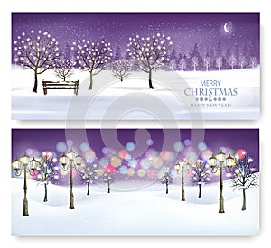 Merry Christmas and New Year Holiday banners with evening landscape