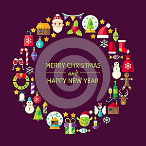 Merry Christmas New Year Holiday Flat Design Icons Circle Set