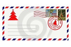 Merry Christmas and New Year Holiday postal envelope with special prints and stamps