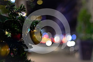 Merry Christmas and New Year holidays, Decorated Christmas tree Blurred bokeh background.