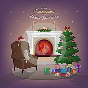 Merry Christmas and New Year interior with fireplace
