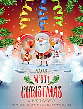 2019 Merry Christmas & New Year poster. Santa Claus Snowman, and symbol of 2019 year Pig