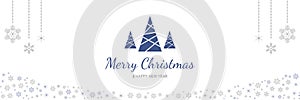 Merry Christmas and New Year 2022 poster. Xmas minimal banner with abstract trees, hanging snowflakes and text on white background