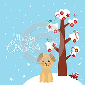 Merry Christmas New Year`s card design Kawaii golden beige dog tree with white snow on the branches, birds and red christmas deco