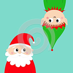 Merry Christmas. New Year. Santa Claus Elf face head icon set. Hanging upside down. Cute cartoon funny kawaii baby character.