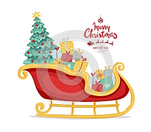 Merry Christmas and New Year, Santa's sleigh with many gifts and decorated Christmas tree. Festive winter card. Flat