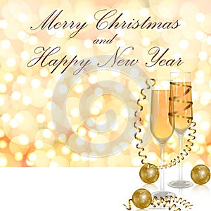 Merry Christmas and New Year. Square template with golden bokeh, glasses with champagne, gold serpentine, brilliant