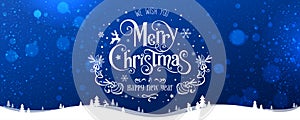 Merry Christmas and New Year text on blue background with winter landscape with snowflakes, light, stars. Xmas card. Vector