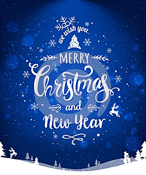 Merry Christmas and New Year typographical on blue holiday background with Christmas wreath, landscape, snowflakes, light, stars.