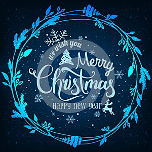 Merry Christmas and New Year typographical on blue holiday background with Christmas wreath, snowflakes, light, stars.