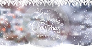 Merry Christmas and New Year typographical on holidays background with winter landscape with snowflakes, light, stars.