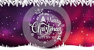 Merry Christmas and New Year typographical on holidays background with winter landscape with snowflakes, light, stars.