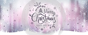 Merry Christmas and New Year typographical on holidays background with winter landscape with snowflakes, light, stars.