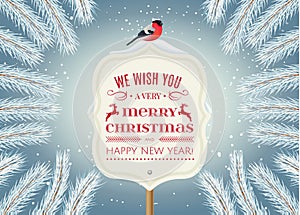 Merry Christmas and New Year typographical poster in holiday blue background with winter fir tree white snow branches