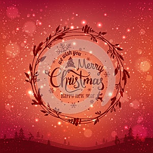 Merry Christmas and New Year typographical on red holiday background with Christmas wreath, landscape, snowflakes, light, stars.